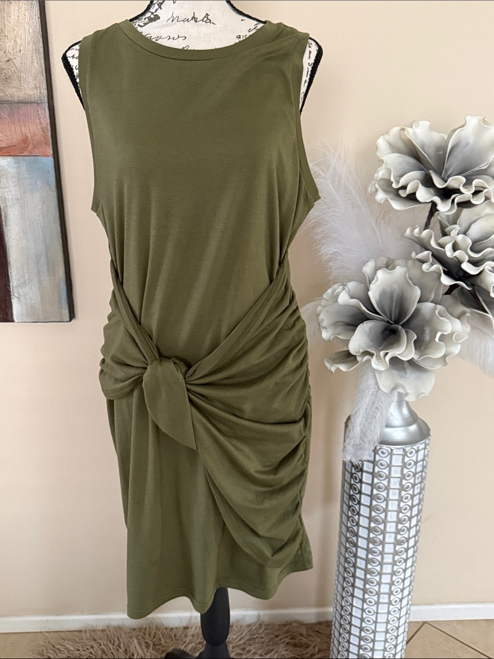 Sleeveless Olive Knot-Front Dress